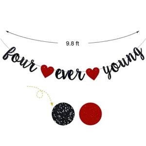 Four Ever Young Banner for 4th Birthday Party Decorations Supplies, Black Glitter Funny 4th Birthday Party Decors,Kids Boys/Girls' 4th Birthday Party Decorations. Pre-Strung Photo Booth Props Sign