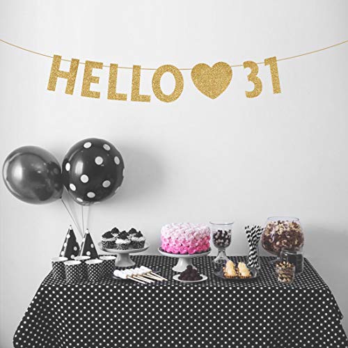 Gold Hello 31 Birthday Banner, Gold Glitter Happy 31st Birthday Party Decorations, Supplies