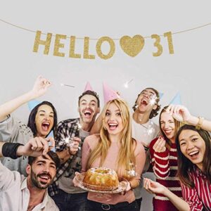 Gold Hello 31 Birthday Banner, Gold Glitter Happy 31st Birthday Party Decorations, Supplies