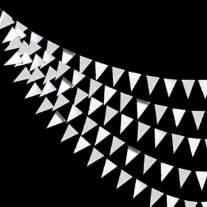 30 ft silver party decorations glitter metallic paper triangle banner flag garland pennant bunting for wedding engagement graduation anniversary bachelorette birthday baby bridal shower party supplies