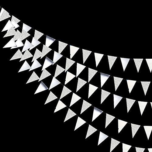 30 Ft Silver Party Decorations Glitter Metallic Paper Triangle Banner Flag Garland Pennant Bunting for Wedding Engagement Graduation Anniversary Bachelorette Birthday Baby Bridal Shower Party Supplies