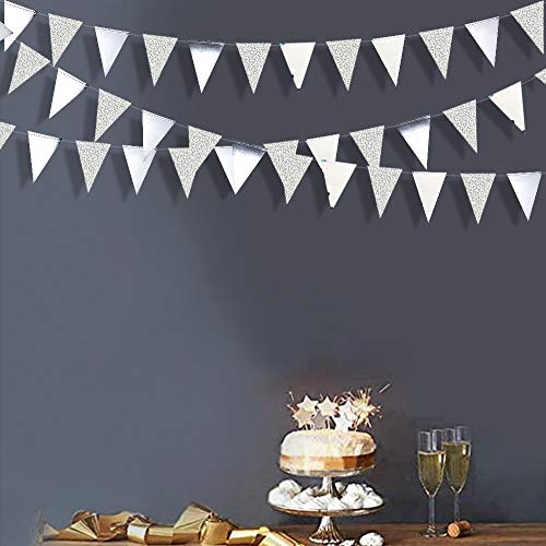 30 Ft Silver Party Decorations Glitter Metallic Paper Triangle Banner Flag Garland Pennant Bunting for Wedding Engagement Graduation Anniversary Bachelorette Birthday Baby Bridal Shower Party Supplies