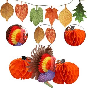 MorTime Set of 4 Tissue Paper Pumpkin Turkey Maple Leaves Banner, Thanksgiving Hanging Autumn Themed Decor for Thanksgiving Home School Party Decorations