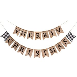 whaline merry christmas burlap banner white black buffalo plaid reindeer banner vintage rustic christmas bunting garland for xmas party home fireplace indoor outdoor holiday decor supplies, 2pcs