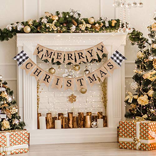 Whaline Merry Christmas Burlap Banner White Black Buffalo Plaid Reindeer Banner Vintage Rustic Christmas Bunting Garland for Xmas Party Home Fireplace Indoor Outdoor Holiday Decor Supplies, 2Pcs