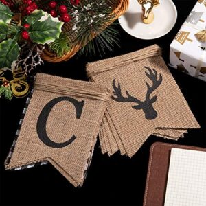 Whaline Merry Christmas Burlap Banner White Black Buffalo Plaid Reindeer Banner Vintage Rustic Christmas Bunting Garland for Xmas Party Home Fireplace Indoor Outdoor Holiday Decor Supplies, 2Pcs