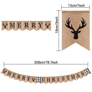 Whaline Merry Christmas Burlap Banner White Black Buffalo Plaid Reindeer Banner Vintage Rustic Christmas Bunting Garland for Xmas Party Home Fireplace Indoor Outdoor Holiday Decor Supplies, 2Pcs