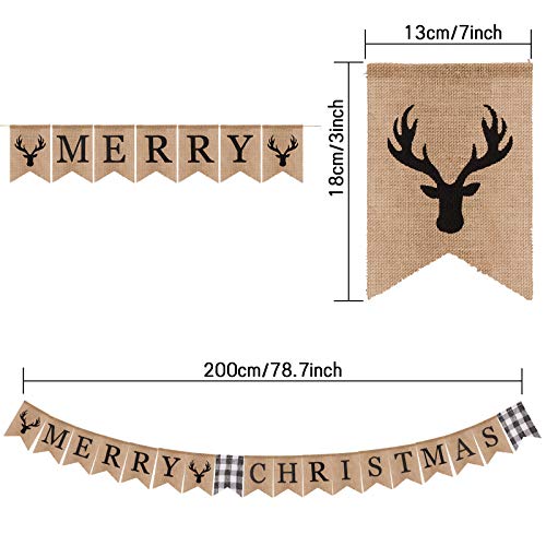 Whaline Merry Christmas Burlap Banner White Black Buffalo Plaid Reindeer Banner Vintage Rustic Christmas Bunting Garland for Xmas Party Home Fireplace Indoor Outdoor Holiday Decor Supplies, 2Pcs