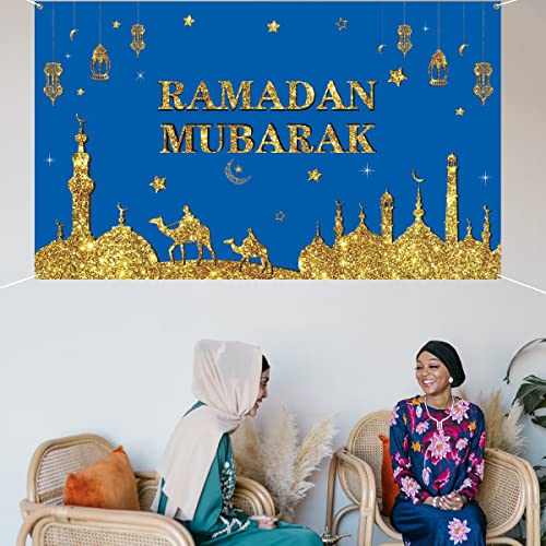 KYMY Large Ramadan Mubarak Porch Sign with 70.8 X 47.2 inch,Muslim Ramadan Banner for Eid Mubarak Party Backdrop,Islamic Hanging Banner for Indoor and Outdoor Ramadan Mubarak Decorations