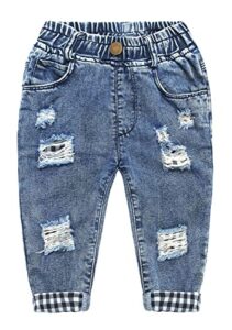 kidscool space toddler kids ripped holes elastic waist plaid lining jeans,blue,18-24 months