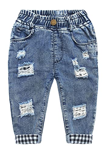 KIDSCOOL SPACE Toddler Kids Ripped Holes Elastic Waist Plaid Lining Jeans,Blue,18-24 Months