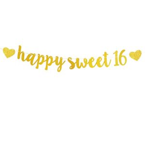 happy sweet 16 banner gold glitter 16th birthday party decor, funny sixteen years old birthday party decorations(gold).