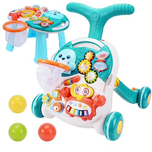 Meryi Sit-to-Stand Walker with Activity Center – Multifunctional Baby Push Walker with Interactive Learning Table– Early Learning Infant Walker for Toddlers, Kids 12-18 Months – Adjustable Wheel Speed