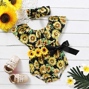 Newborn Infant Baby Girl Sunflower Outfit Floral Ruffle Romper Jumpsuit Bodysuit with Headband Clothes Set (0-6 Months, Baby Girl Off Shoulder Jumpsuit Romper)