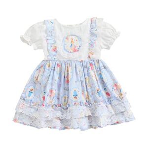 kids toddler baby girl easter dress short puff sleeve rabbit bunny print ruffle lace patched princess dress (3-4t, lace+blue)
