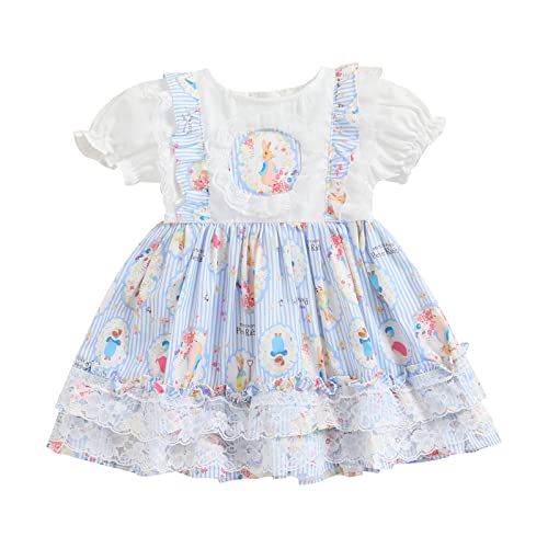 Kids Toddler Baby Girl Easter Dress Short Puff Sleeve Rabbit Bunny Print Ruffle Lace Patched Princess Dress (3-4T, Lace+Blue)