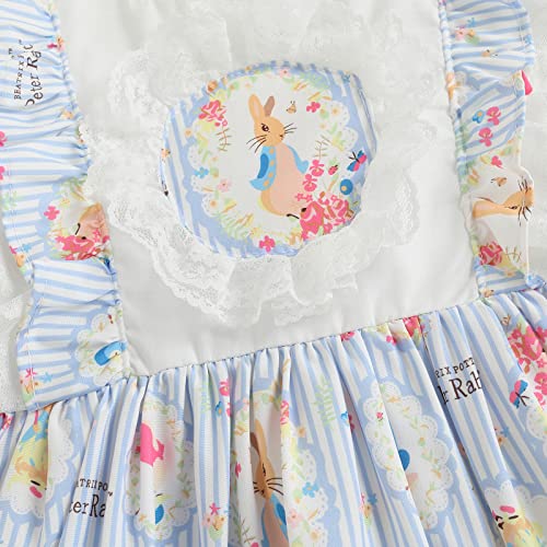 Kids Toddler Baby Girl Easter Dress Short Puff Sleeve Rabbit Bunny Print Ruffle Lace Patched Princess Dress (3-4T, Lace+Blue)