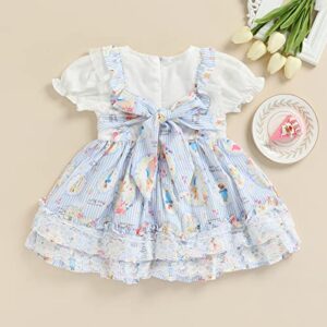 Kids Toddler Baby Girl Easter Dress Short Puff Sleeve Rabbit Bunny Print Ruffle Lace Patched Princess Dress (3-4T, Lace+Blue)