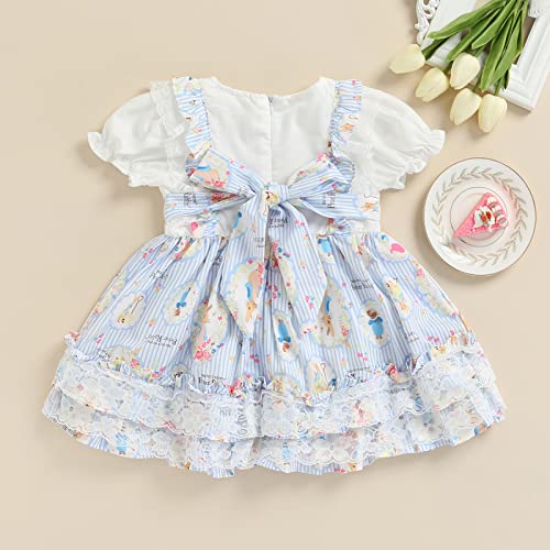 Kids Toddler Baby Girl Easter Dress Short Puff Sleeve Rabbit Bunny Print Ruffle Lace Patched Princess Dress (3-4T, Lace+Blue)