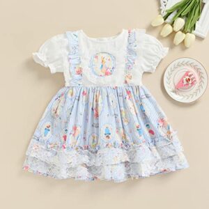 Kids Toddler Baby Girl Easter Dress Short Puff Sleeve Rabbit Bunny Print Ruffle Lace Patched Princess Dress (3-4T, Lace+Blue)