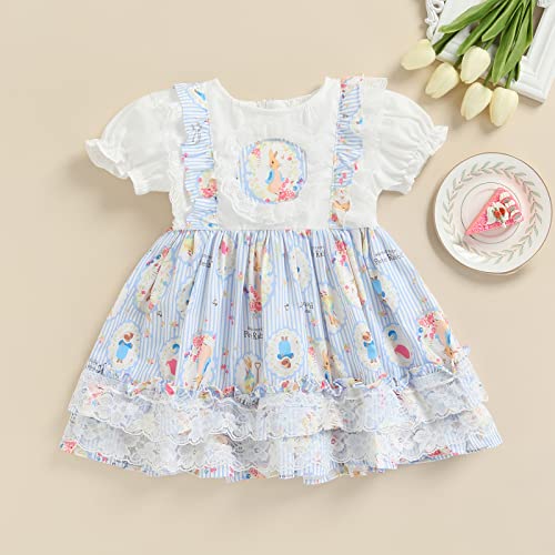 Kids Toddler Baby Girl Easter Dress Short Puff Sleeve Rabbit Bunny Print Ruffle Lace Patched Princess Dress (3-4T, Lace+Blue)