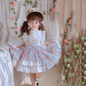 Kids Toddler Baby Girl Easter Dress Short Puff Sleeve Rabbit Bunny Print Ruffle Lace Patched Princess Dress (3-4T, Lace+Blue)
