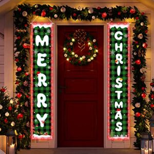 christmas decoration banners with lights, merry christmas banners, party decor and porch sign, green plaid christmas decoration banners for front door porch indoor/outdoor