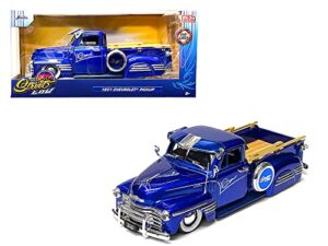 1951 chevy 3100 pickup truck lowrider candy blue with graphics street low series 1/24 diecast model car by jada 34290