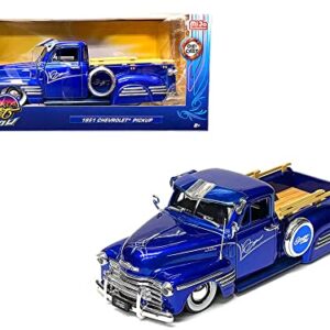 1951 Chevy 3100 Pickup Truck Lowrider Candy Blue with Graphics Street Low Series 1/24 Diecast Model Car by Jada 34290