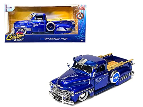 1951 Chevy 3100 Pickup Truck Lowrider Candy Blue with Graphics Street Low Series 1/24 Diecast Model Car by Jada 34290