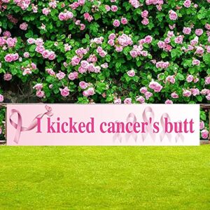 generc large i kicked cancer’s butt banner, pink ribbon party sign decoration hope strength courage faith backdrop for breast cancer awareness party decoration supplies – 118” x 19.7”