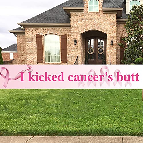 GENERC Large I Kicked Cancer's Butt Banner, Pink Ribbon Party Sign Decoration Hope Strength Courage Faith Backdrop for Breast Cancer Awareness Party Decoration Supplies - 118'' x 19.7''