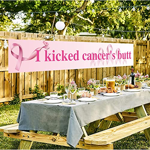 GENERC Large I Kicked Cancer's Butt Banner, Pink Ribbon Party Sign Decoration Hope Strength Courage Faith Backdrop for Breast Cancer Awareness Party Decoration Supplies - 118'' x 19.7''