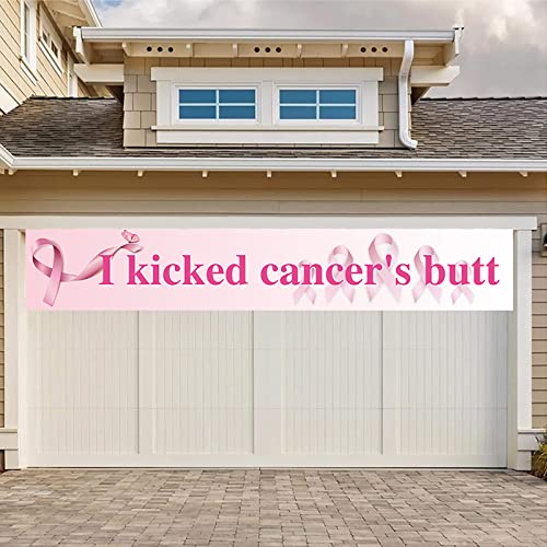 GENERC Large I Kicked Cancer's Butt Banner, Pink Ribbon Party Sign Decoration Hope Strength Courage Faith Backdrop for Breast Cancer Awareness Party Decoration Supplies - 118'' x 19.7''