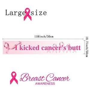 GENERC Large I Kicked Cancer's Butt Banner, Pink Ribbon Party Sign Decoration Hope Strength Courage Faith Backdrop for Breast Cancer Awareness Party Decoration Supplies - 118'' x 19.7''