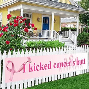 GENERC Large I Kicked Cancer's Butt Banner, Pink Ribbon Party Sign Decoration Hope Strength Courage Faith Backdrop for Breast Cancer Awareness Party Decoration Supplies - 118'' x 19.7''