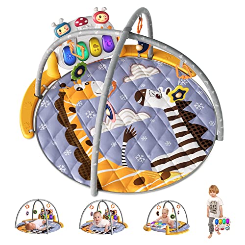 TUMAMA Remote Control Baby Play Mat Large, Tummy Time Mat with Piano, Baby Activity Mat with 4pcs Hanging Baby Rattle, Baby Gym with Lights and Music, Newborn Toys Unisex