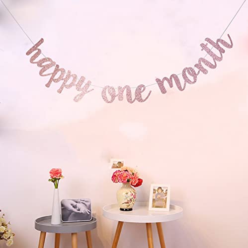 Starsgarden Glittery Rose Gold Happy One Month Banner, Baby Boys/Girls' 1 Months/Half Year Birthday, Baby Shower Party Gold Gliter Paper Sign(Rose Gold One Month)