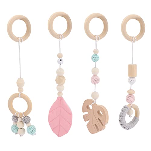 Gadpiparty Wooden Hanging Toys Baby Play Gym 4PCS Wooden Baby Gym Toys Gym Activity Set Infant Sensory Toys for Playing Gyms Pink