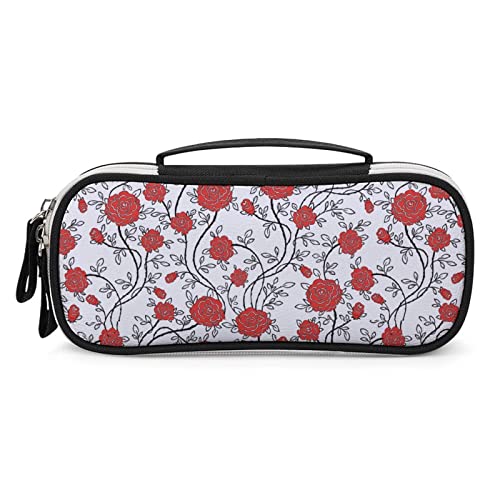 Rose Flowers Plant Pencil Case Bag Large Capacity Stationery Pouch with Handle Portable Makeup Bag Desk Organizer