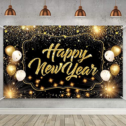 Extra Large Happy New Year Decorations Backdrop, 72x44 Inch New Years Eve Party Supplies Banner, 2023 New Year Photo Props Background Supplies Black Gold Sign Poster