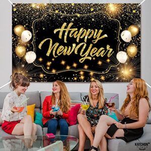 Extra Large Happy New Year Decorations Backdrop, 72x44 Inch New Years Eve Party Supplies Banner, 2023 New Year Photo Props Background Supplies Black Gold Sign Poster