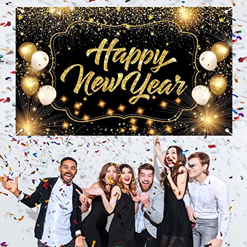 Extra Large Happy New Year Decorations Backdrop, 72x44 Inch New Years Eve Party Supplies Banner, 2023 New Year Photo Props Background Supplies Black Gold Sign Poster