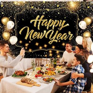 Extra Large Happy New Year Decorations Backdrop, 72x44 Inch New Years Eve Party Supplies Banner, 2023 New Year Photo Props Background Supplies Black Gold Sign Poster