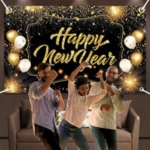 Extra Large Happy New Year Decorations Backdrop, 72x44 Inch New Years Eve Party Supplies Banner, 2023 New Year Photo Props Background Supplies Black Gold Sign Poster