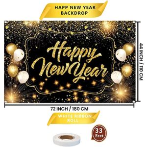 Extra Large Happy New Year Decorations Backdrop, 72x44 Inch New Years Eve Party Supplies Banner, 2023 New Year Photo Props Background Supplies Black Gold Sign Poster