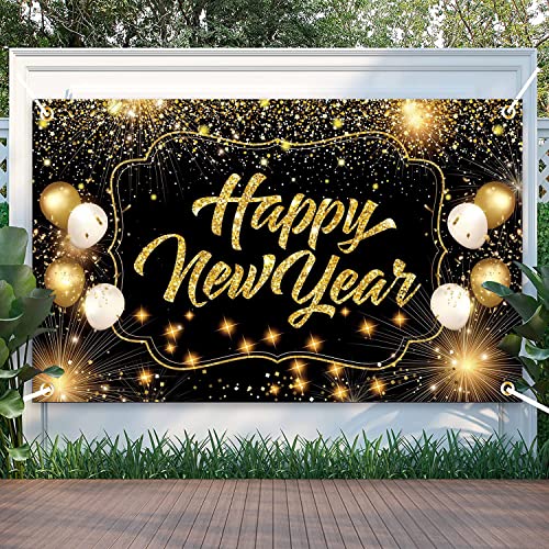 Extra Large Happy New Year Decorations Backdrop, 72x44 Inch New Years Eve Party Supplies Banner, 2023 New Year Photo Props Background Supplies Black Gold Sign Poster