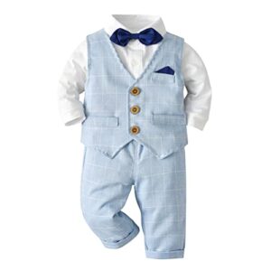 marendyee baby boys’ suit formal outfits long sleeve shirt blue plaid vest pants gentleman clothes sets wedding photoshoot infant tuxedo 12-18 months