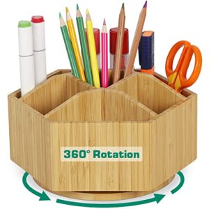 bamboo rotating art supply organizer – darfoo office desk organizers, colored pencil holder with 7 sections, home school supplies organizer and storage for pen pencil crayon marker and craft supplies