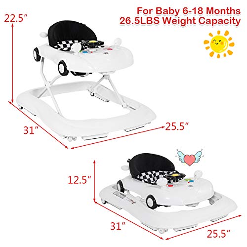 HONEY JOY Baby Walker, Foldable Seated Walker with Wheels, Adjustable Height, Steering Wheel w/Horn, Music & Lights, Removable Food Tray, Padded Seat, Car Walker for Baby Boy Girl Age 6 Months+